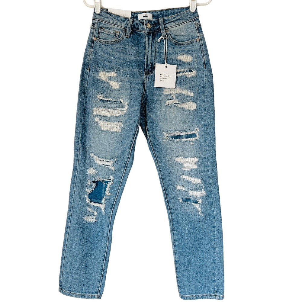 I&M Womens Street Style Distressed Tom Girl Stretch Blue Jeans Sz 3 Low Rise NWT